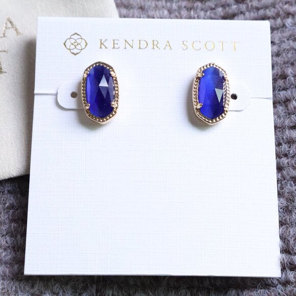 New. Kendra Scott Ellie Gold Cobalt Cat's Eye Stud Earrings - Picture 1 of 2